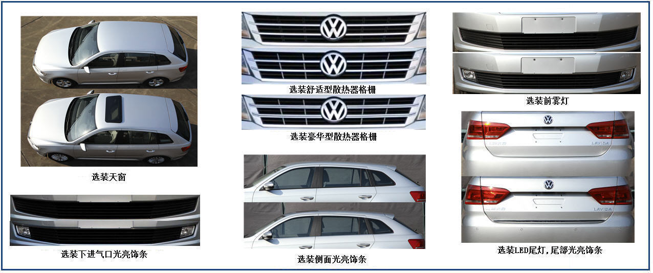 大众汽车(volkswagen)轿车 svw7167emd_汽车图片 选装天窗,舒适型散热器格栅,豪华型散热器格栅,前雾灯,LED尾灯,下进气口光亮饰条,侧面光亮饰条,尾部光亮饰条;ABS系统型号为1JD 614 517*,生产厂为大陆泰密克汽车系统(上海)有限公司